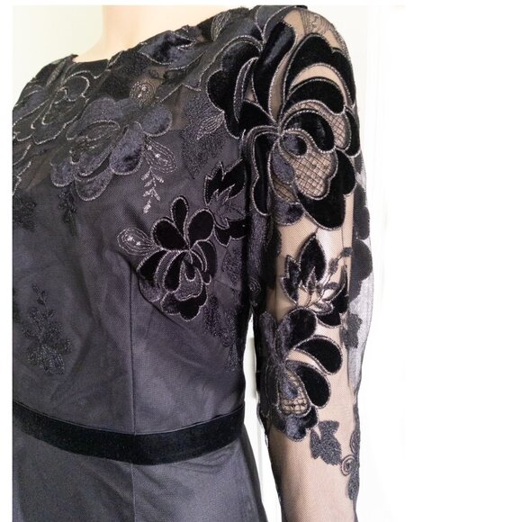 DAVID MEISTER Embroidered Sheer Mesh Overlay Long Sleeve Black Cocktail Dress - Picture 5 of 8